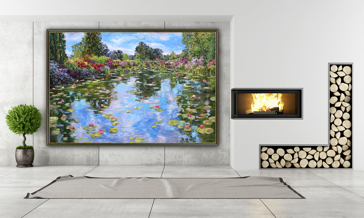 Extra Large Water Lily Painting, "An Ode To Monet", Garden Landscape Of Monet's Pond, 40" x 60" Oil On Canvas