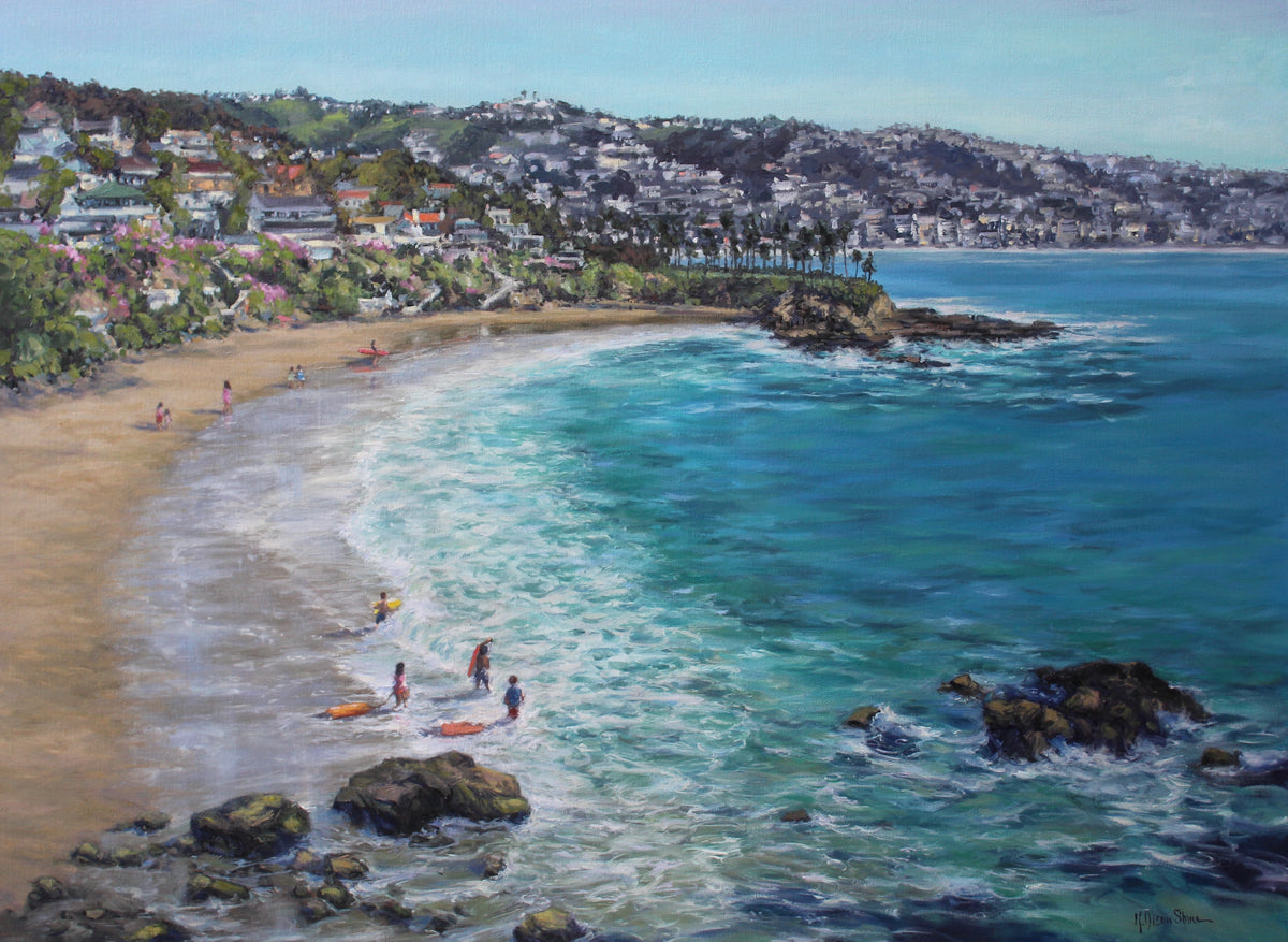 An original oil painting of Crescent Beach in Laguna Beach California. People are taking boogie boards into the waves. Houses are on the sea cliffs and Justin Bieber's home is in the view.