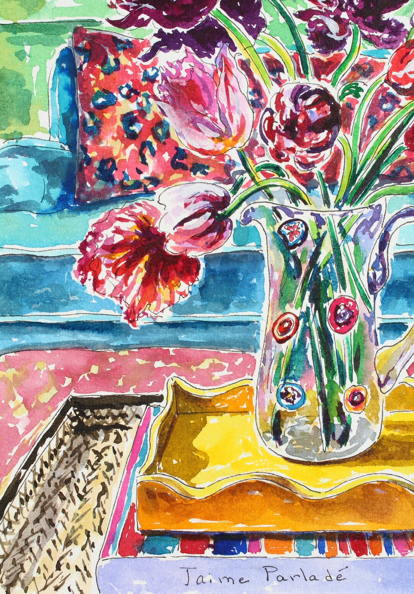 Springtime In London, An Original 12" x 9" Watercolor And Ink Interior Still Life Painting