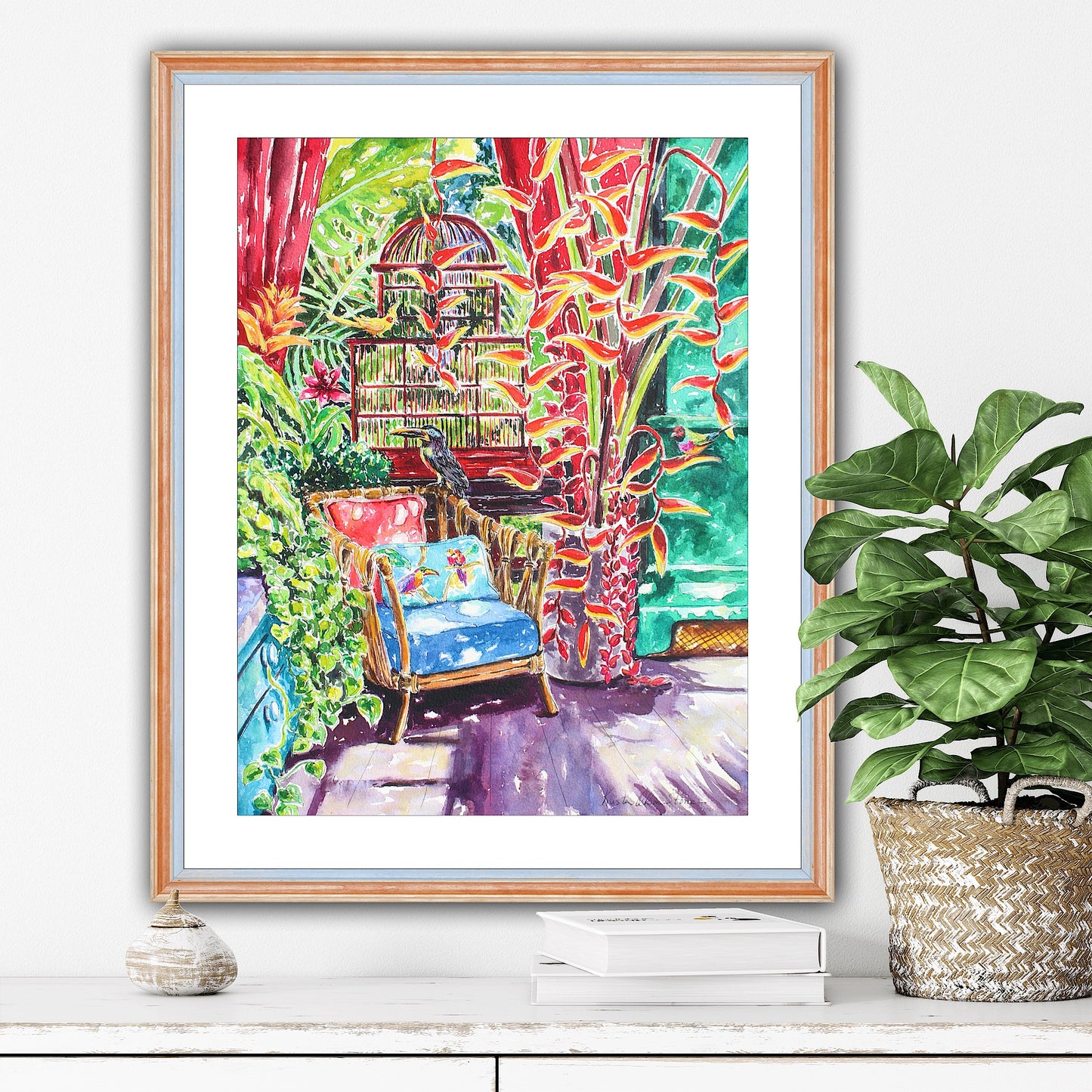 An Original Watercolor tropical home and birds painting, "Feathering The Nest"