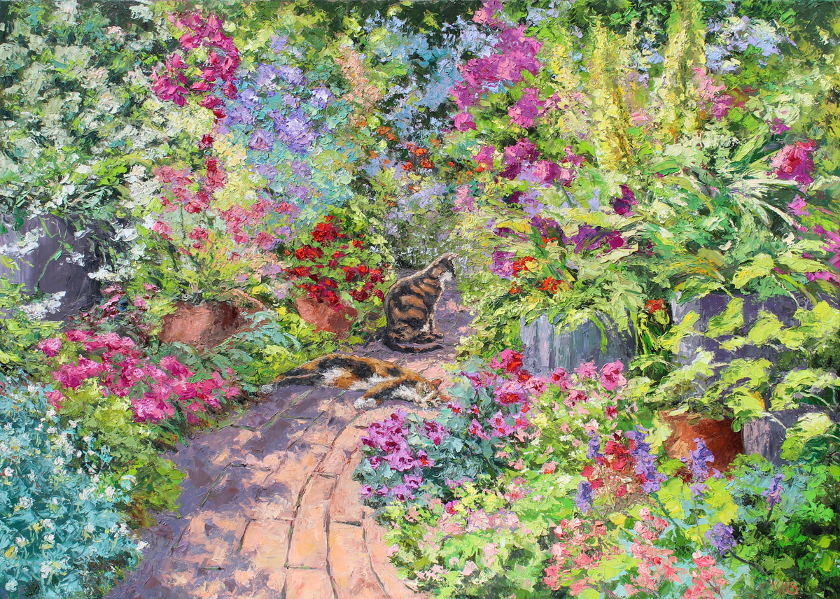 A colorful garden scene painting with a stone path winding through dense foliage and flowers, including pink, purple, red, green, and blue plants. A cat is seated near the center of the path.