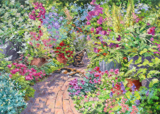 A colorful garden scene painting with a stone path winding through dense foliage and flowers, including pink, purple, red, green, and blue plants. A cat is seated near the center of the path.