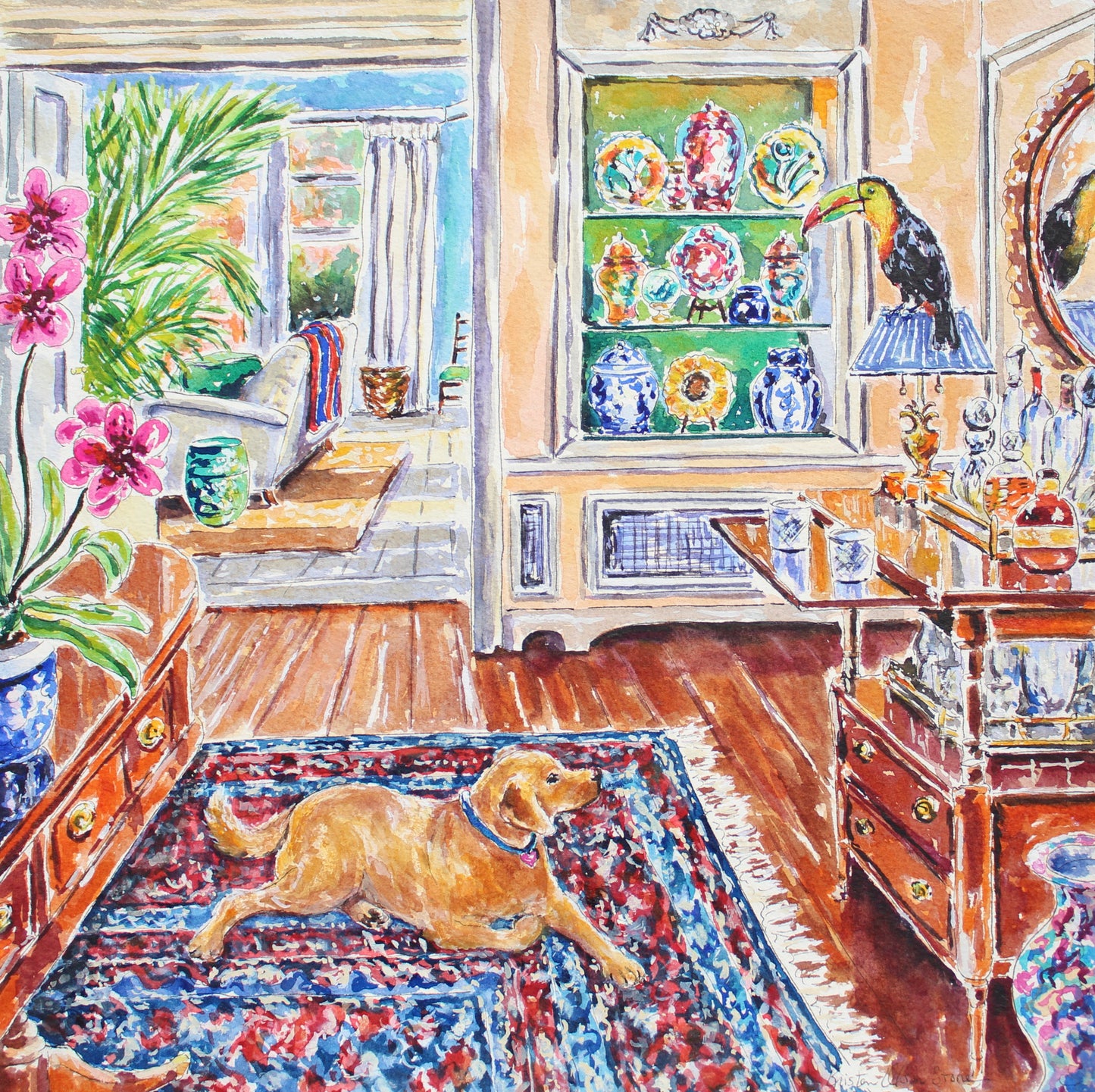 A golden labrador retriever looking up at a toucan in a tropical home interior