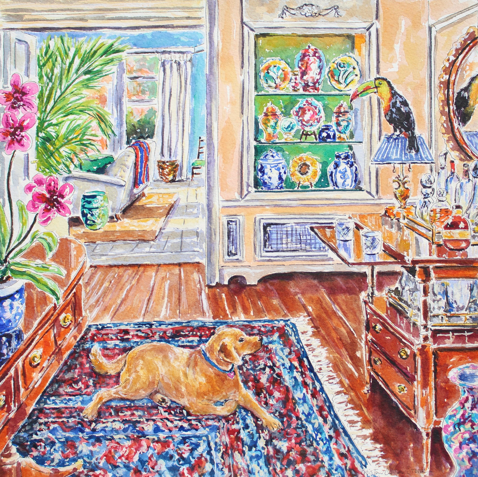 A golden labrador retriever looking up at a toucan in a tropical home interior