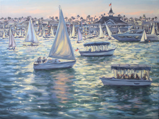 An oil painting depicting a busy day on the bay in Newport Beach with multiple boats and people visible and The Balboa Pavillion 