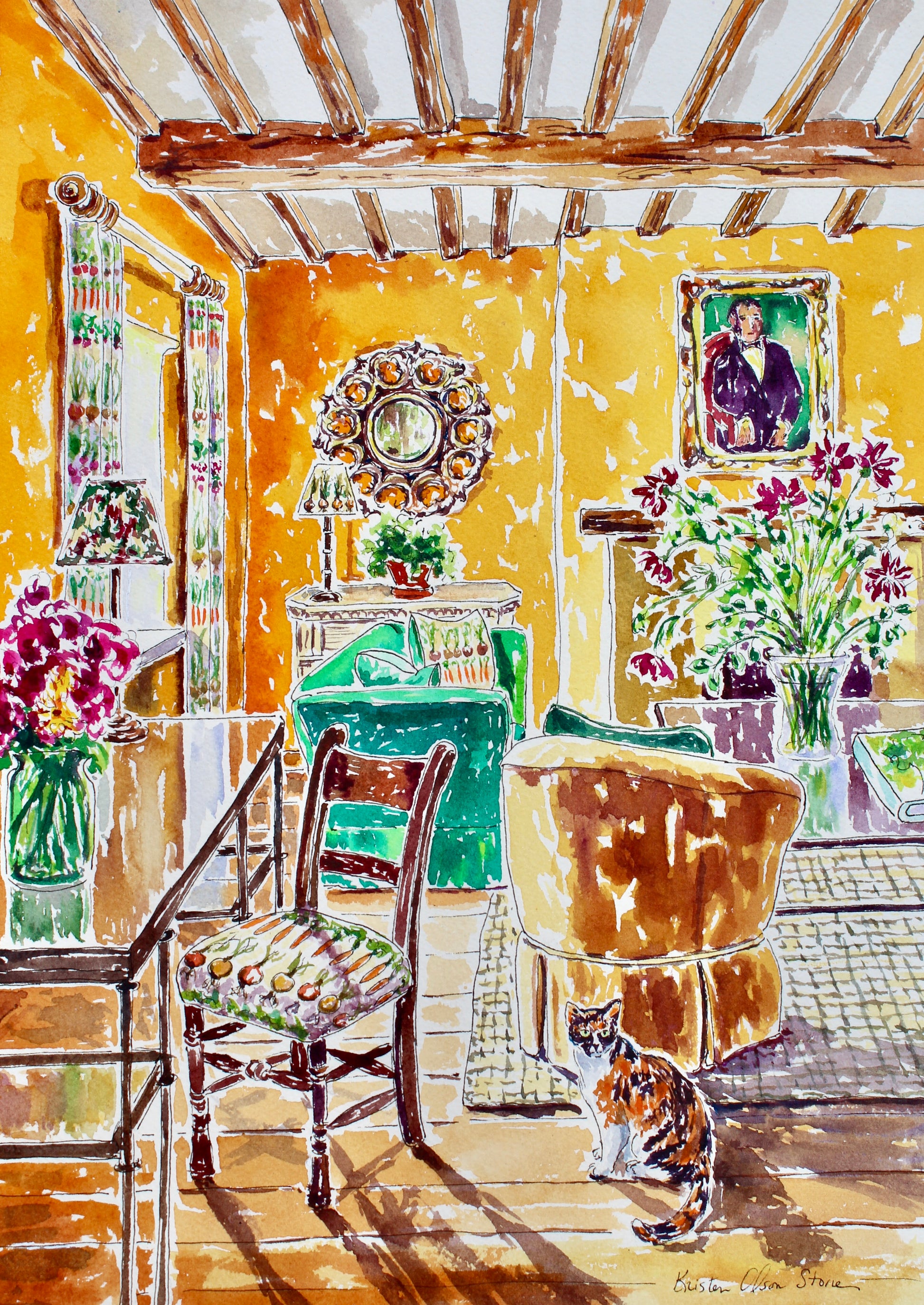 Colorful interior scene with a cat, chairs, and floral arrangements in a room with yellow walls.  Art decor for collectors