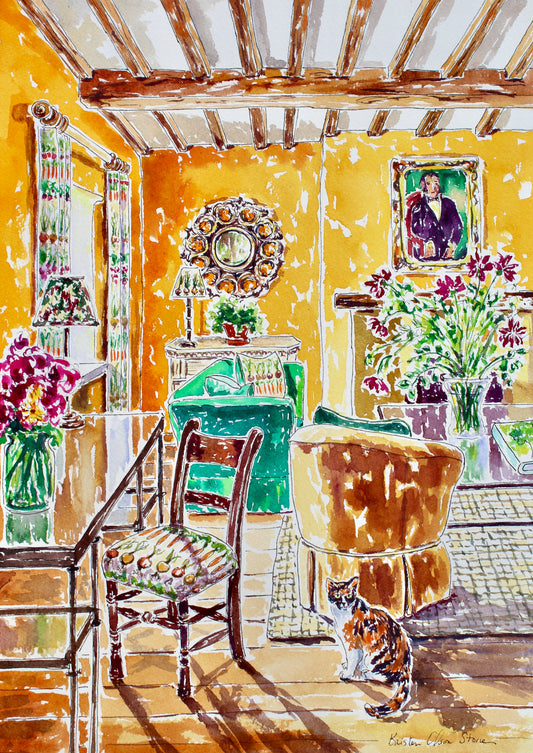 Colorful interior scene with a cat, chairs, and floral arrangements in a room with yellow walls.  Art decor for collectors