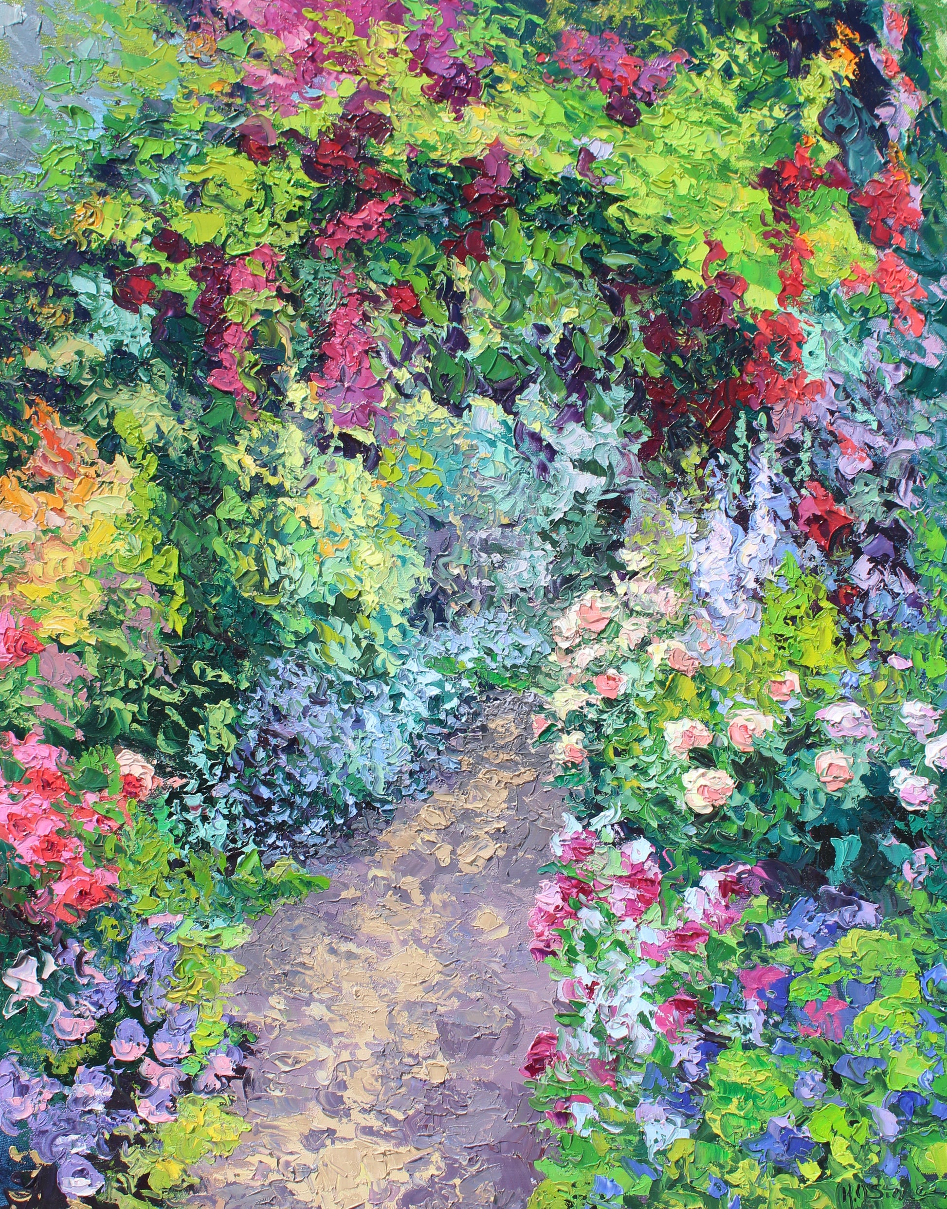 Original oil painting depicting a colorful garden with various flowers and greenery, with a pathway leading deeper into the garden.