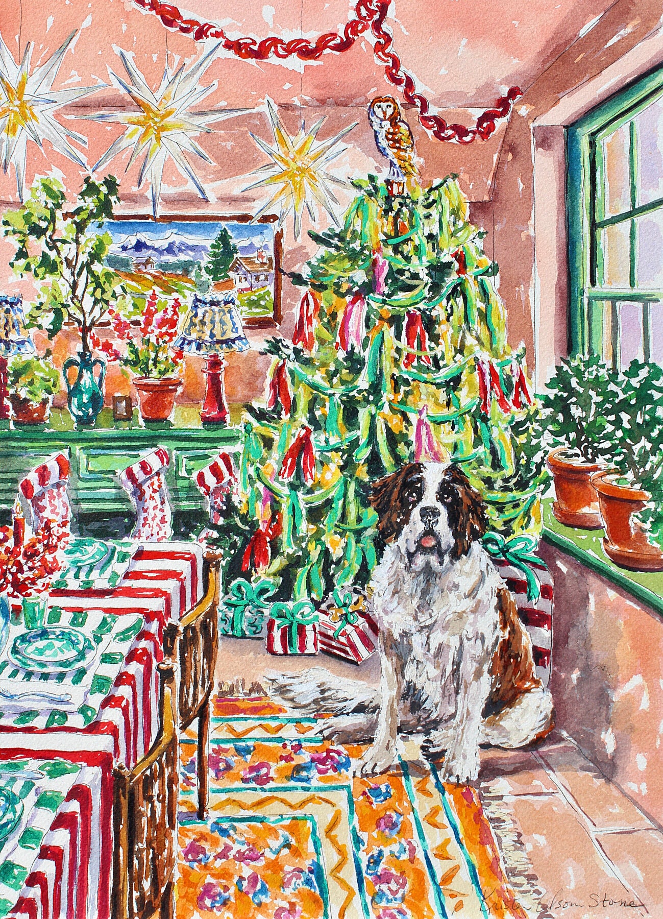 A Giclee print featuring a watercolor and ink painting of a Saint Bernard dog in a room decorated for Christmas with a decorated tree, presents, and festive decorations.  Wall decor for art collectors