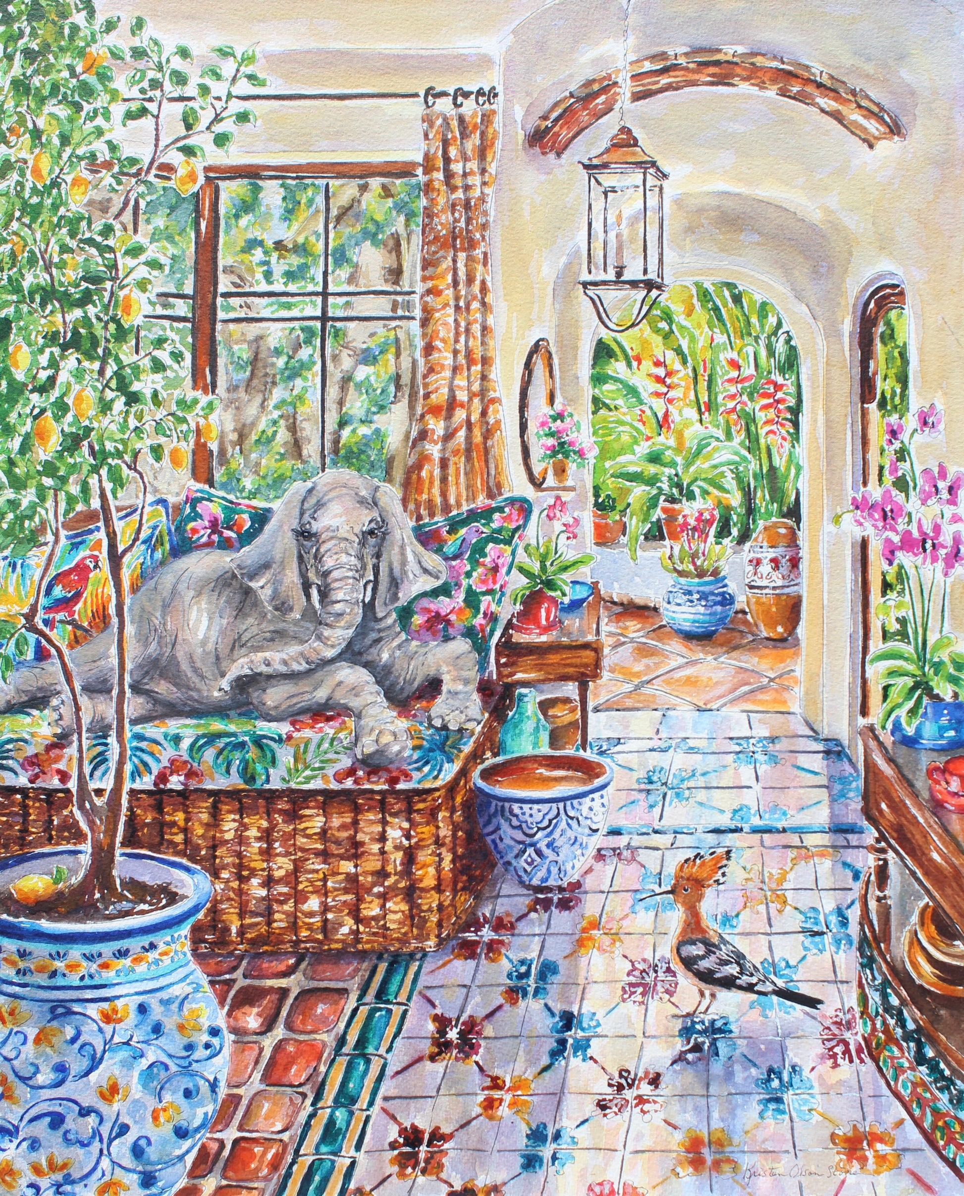 Colorful interior scene with a sofa, elephant, a Hoopoe bird and decorative Mediterranean elements. Home decor for art collectors