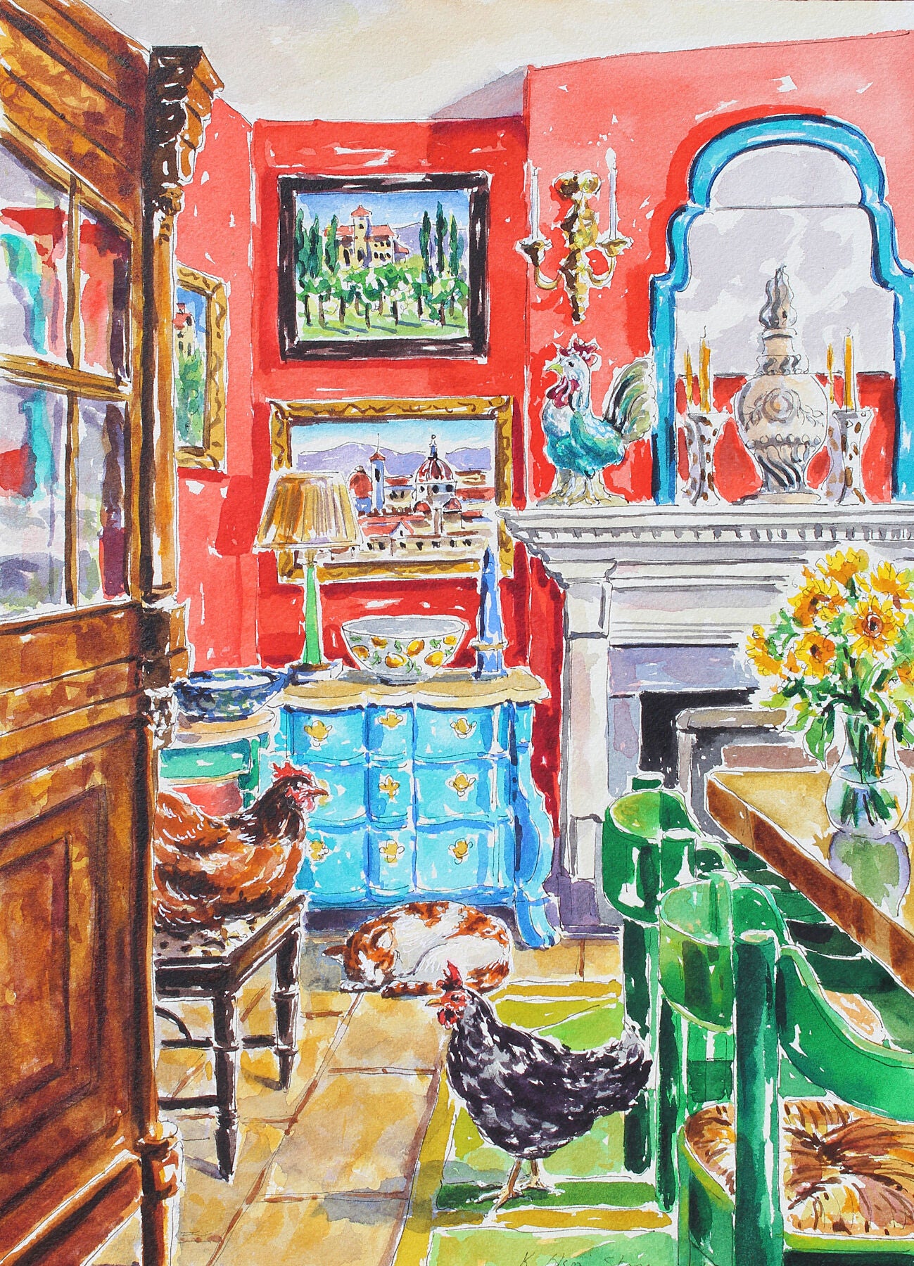 A giclee print depicting of a watercolor painting of a colorful Tuscan interior room with vibrantly colored furniture, decor, and chickens and a sleeping cat on the floor. Paintings of Florence and Tuscany adorn the red walls, and there are sunflowers in a vase.