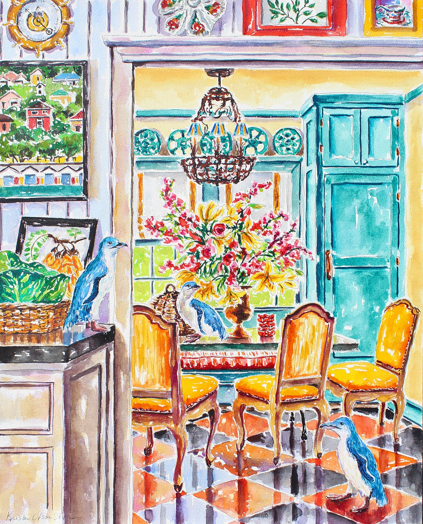 A giclee print featuring a watercolor painting of Blue Fairy Penguins with a focus on interior decor, including a dining room scene with chairs and a floral arrangement.  Wall decor for art collectors.