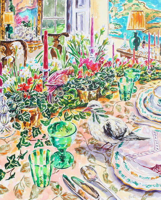 A vibrant and colorful watercolor painting of a festive party table with spring flowers, dishes, glasses, and a dove holding an olive branch.  Wall decor for art collectors.