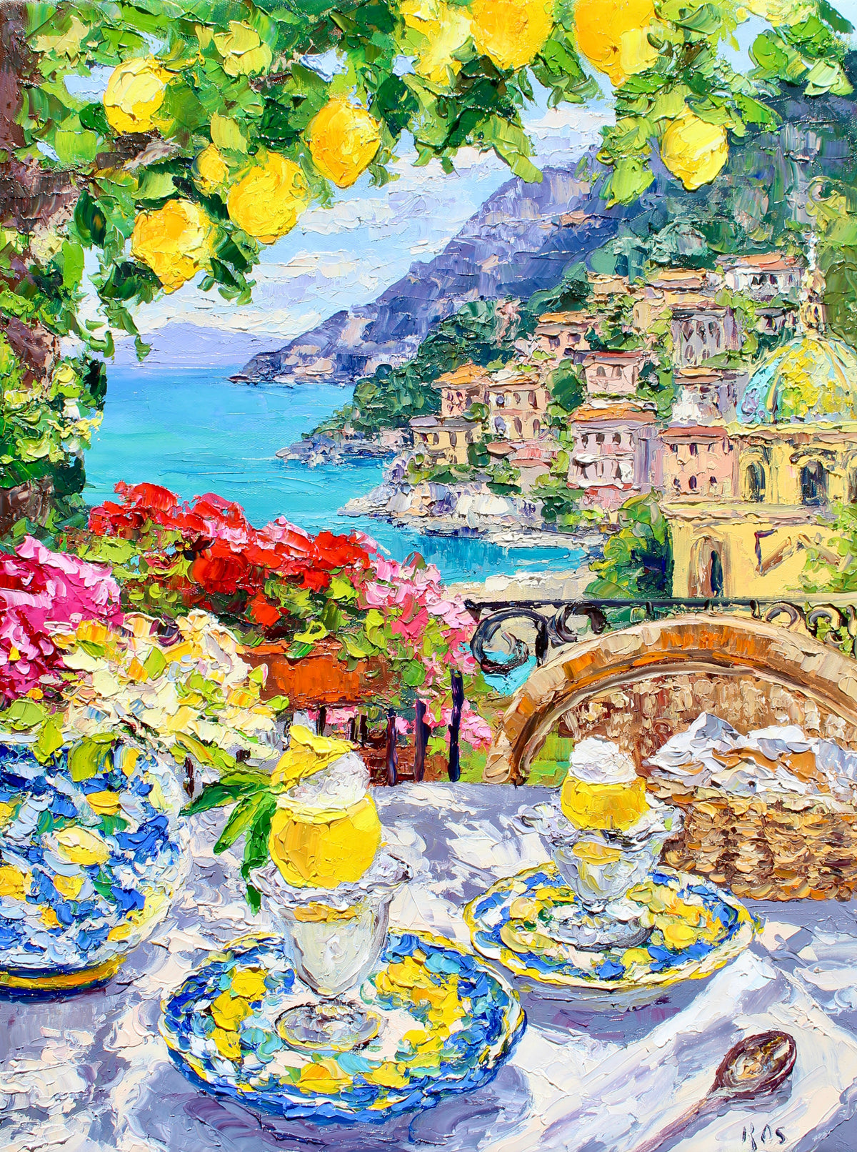 Painting of a scenic coastal town with lemon trees and a table set for a meal.