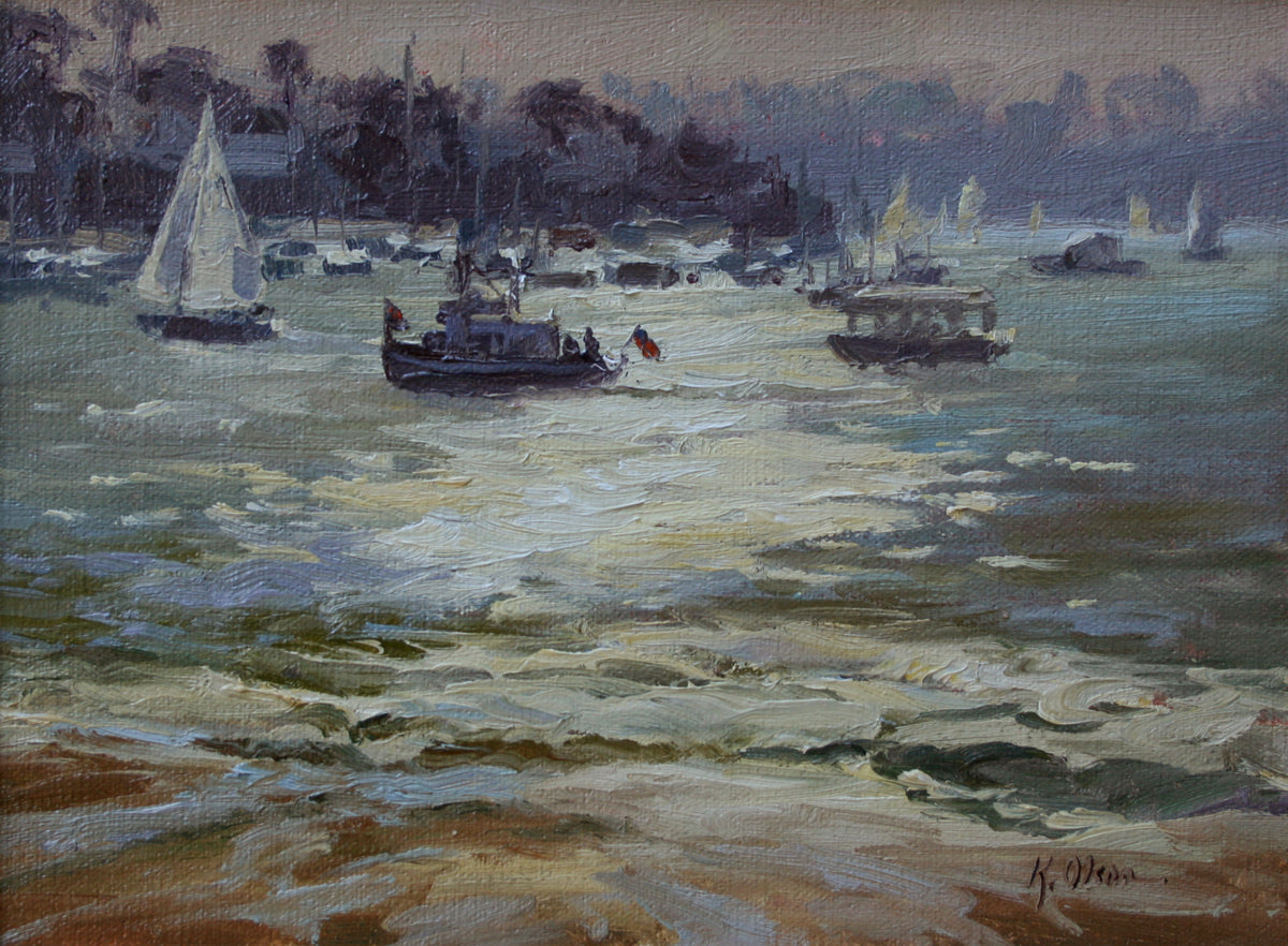 An original plein air oil painting of boats in Newport Beach California.