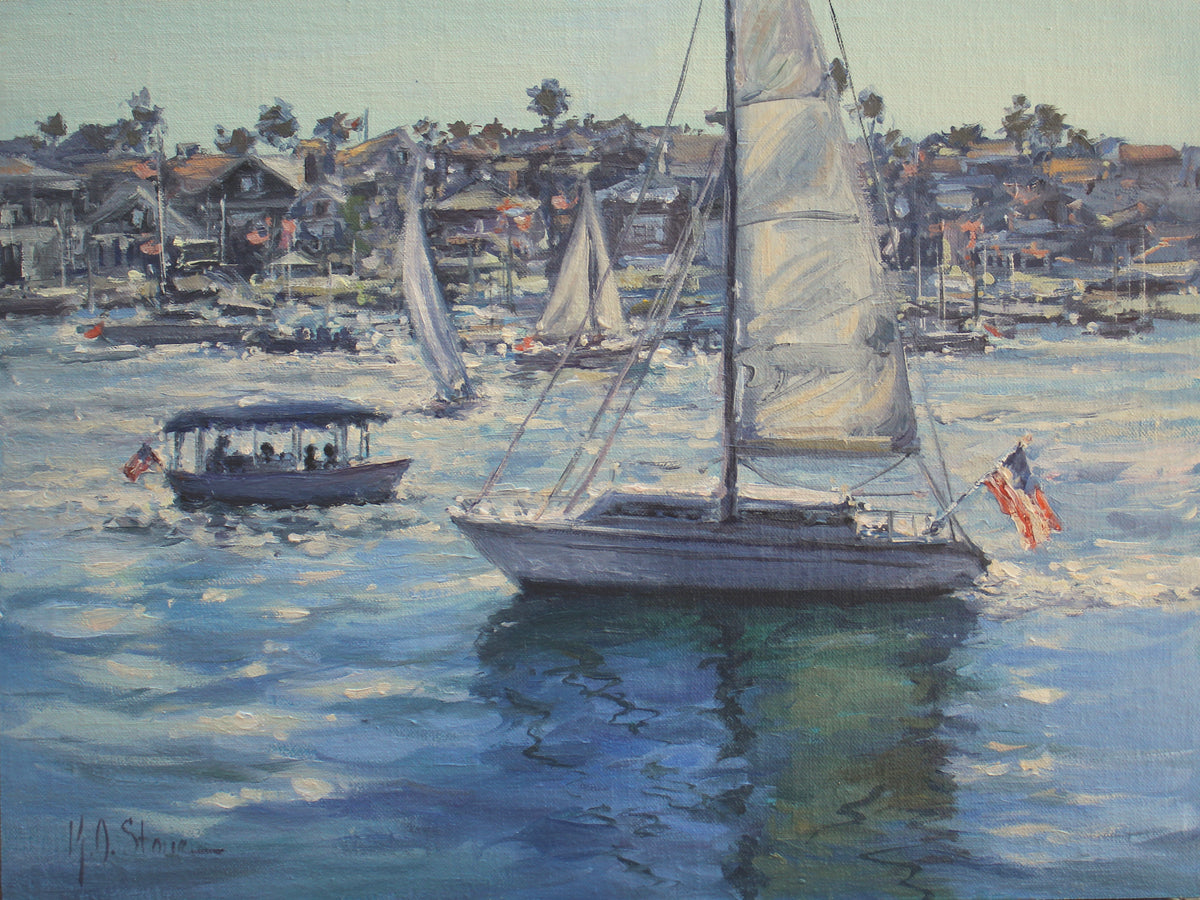 A painting depicting several boats on the water with sails up, viewed from the South Bayfront on Balboa Island. The background includes housing and a clear blue sky.