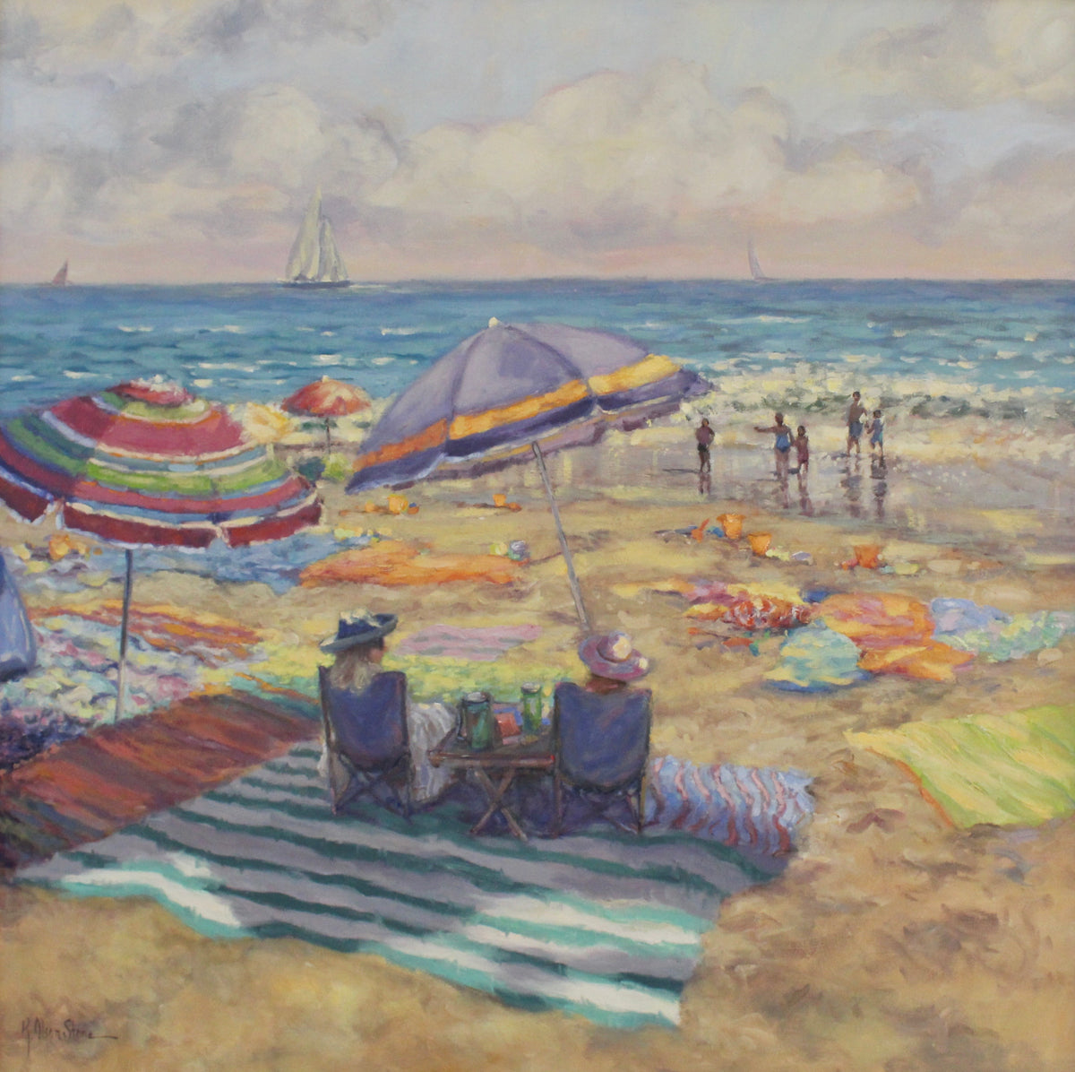 An oil painting of a vibrant beach scene with multiple umbrellas, chairs, and people enjoying the sun.