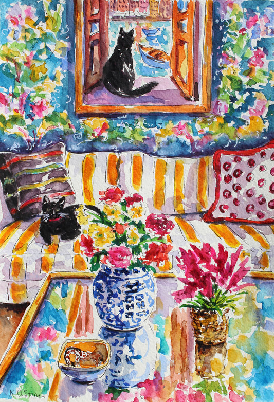 Colorful painting of a living room with a striped sofa, floral patterns, and a black cat.  Wall decor for art collectors.