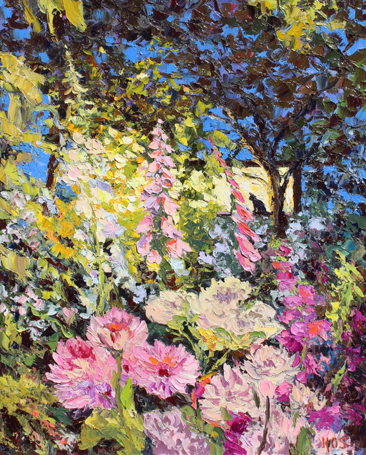 An Enchanting Evening- Original Oil painting by fine artist Kristen Olson Stone. Impressionist glowing Evening landscape of a vibrant flower garden wall art decor for collectors.
