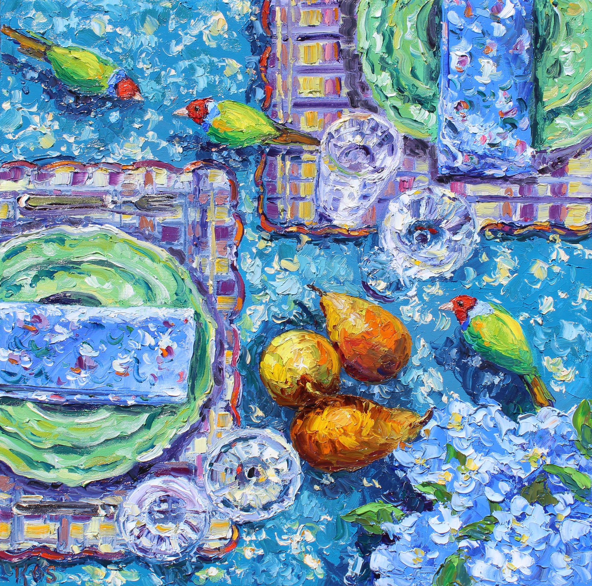 Colorful painting of a blue and teal toned table setting with fruit, glasses, and Gouldian Finch birds. Wall decor for art collectors.