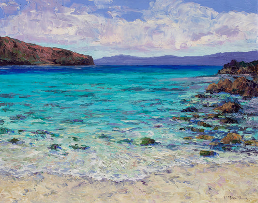 An impressionistic oil painting of a tropical beach scene in Baja California Sur, Balandra Bay La Paz with turquoise water, sandy shore, rocky cliffs, distant mountains, and a cloudy sky.