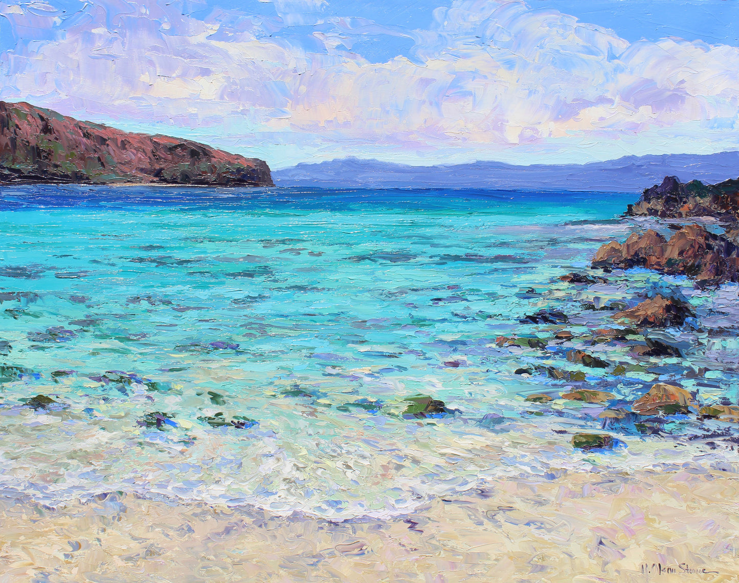 An impasto original oil painting of world famous Balandra Bay with turquoise and deep blue water.  Rocks and golden sand are in the foreground. Wall decor for art collectors.
