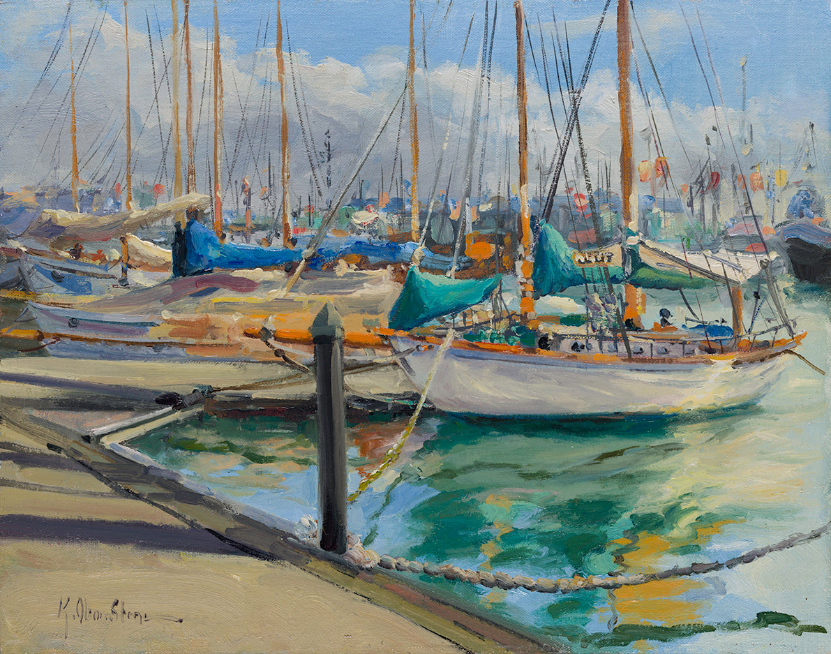 An original oil painting of a historical sailing yacht, Arcturus that is docked in the Auckland Viaduct Harbour