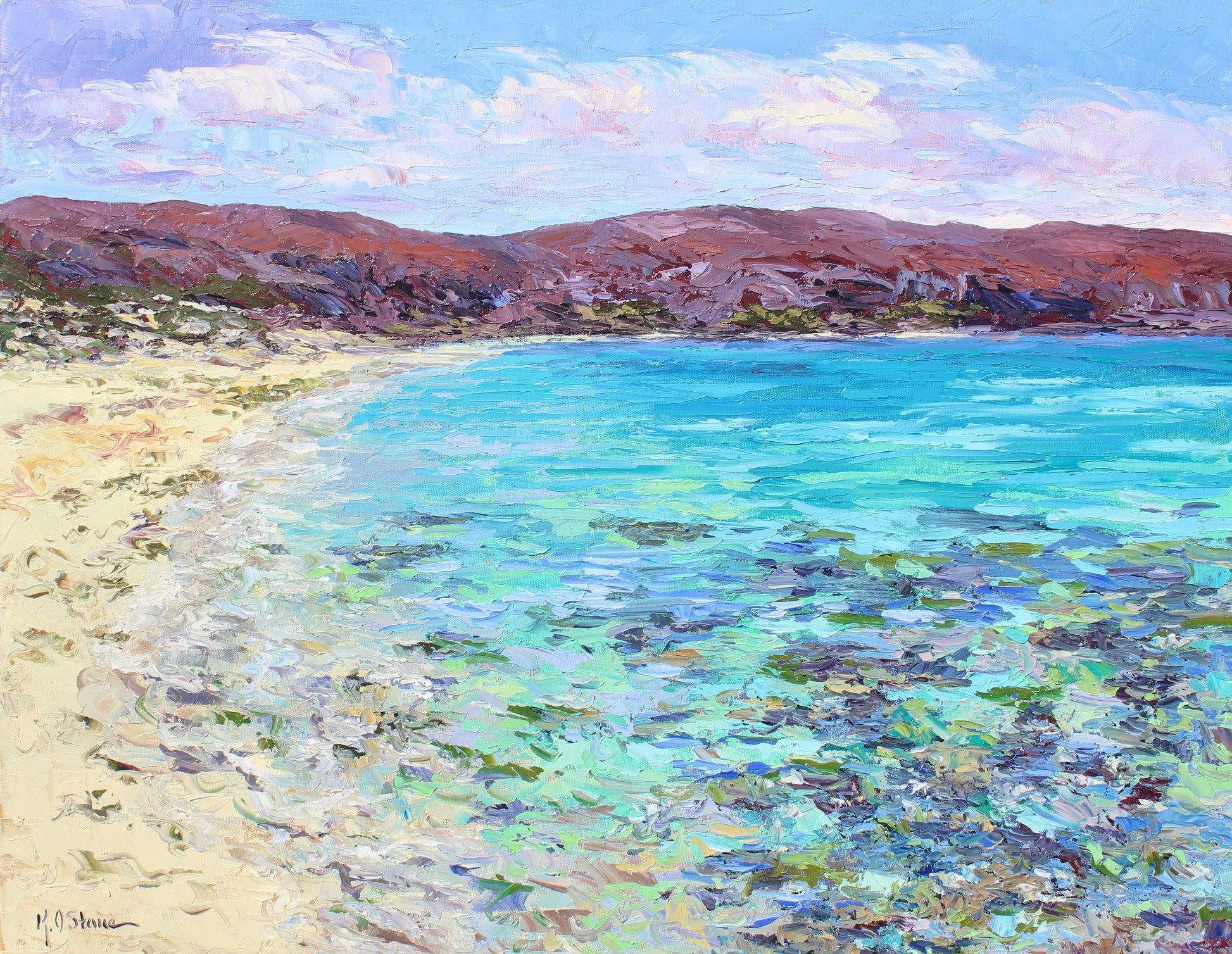 An impasto oil painting of a golden sand beach and the reddish hills along the coastline of Balandra Bay in La Paz, Baja California Sur, Mexico.  Shades of deep blue and violet depict underwater rocks.  Wall decor for art collectors.