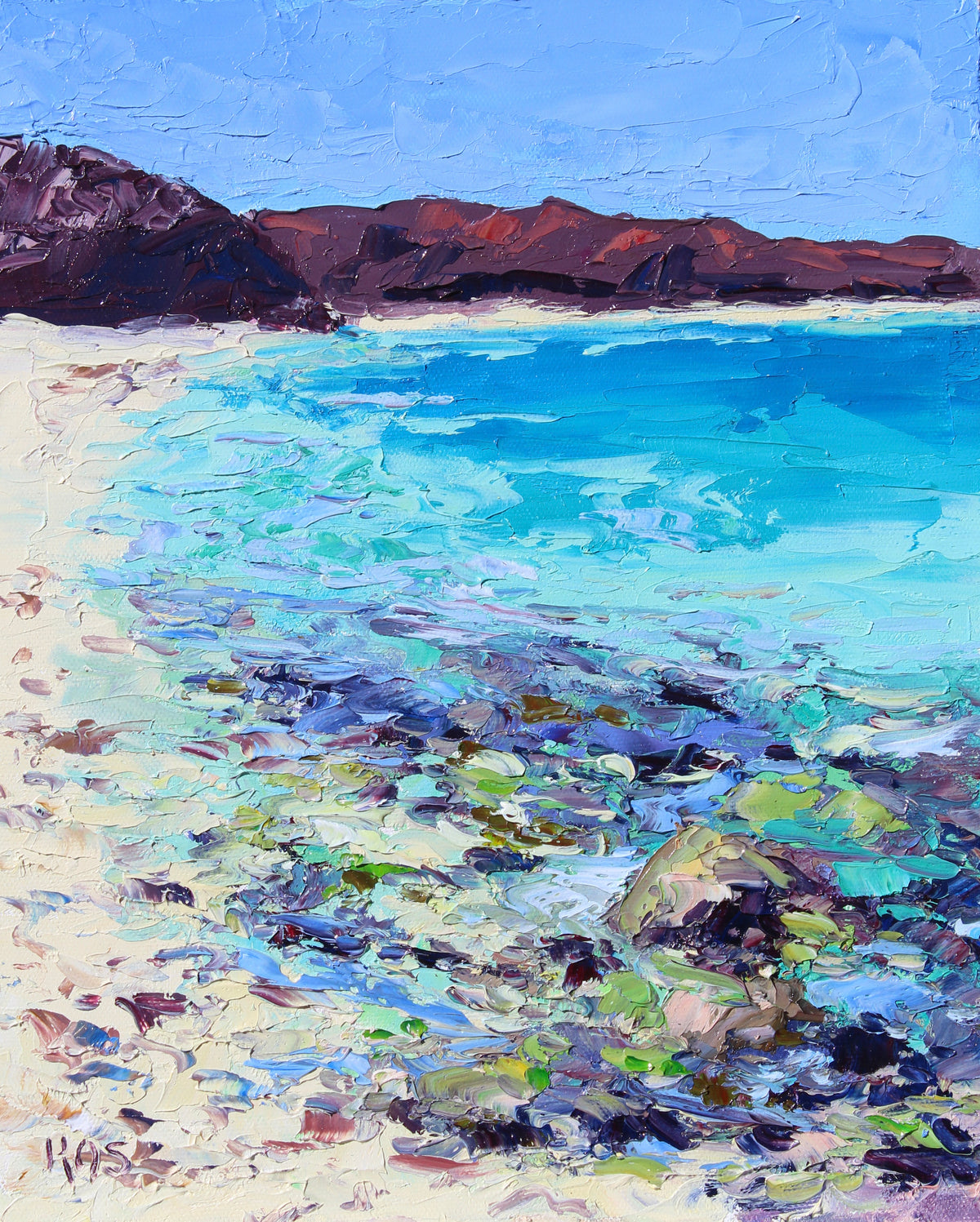 An original oil painting depicting a seascape scene, with a palette knife technique, predominantly in blue and turquoise shades, representing Balandra Bay.