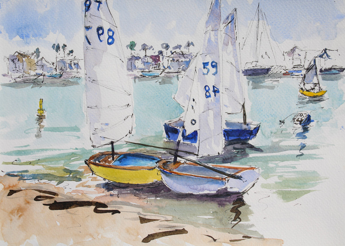 An original watercolor sketch of small sailboats on the sand in Newport Beach, California