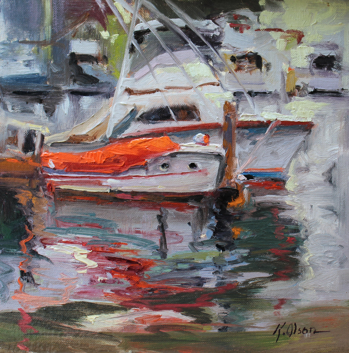 An original plein air oil painting of a yacht docked at Balboa Island, Newport Beach California