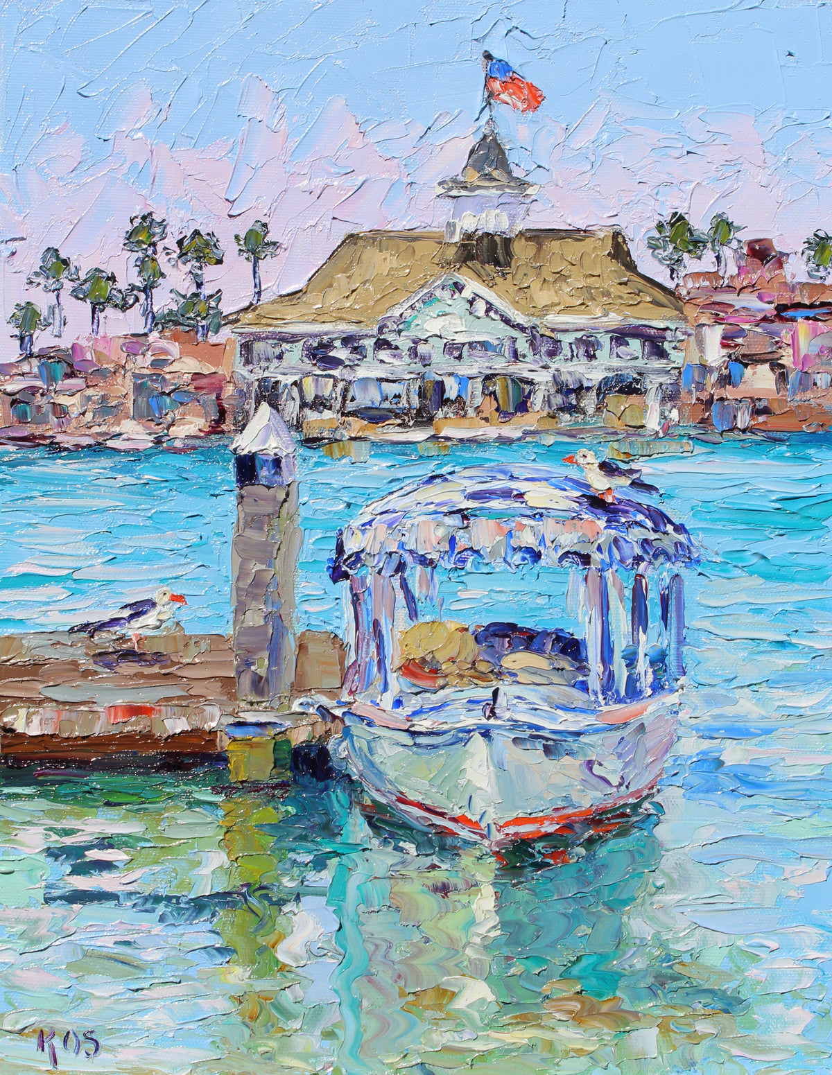 An original oil painting of a Duffy boat docked on Balboa Island with the Balboa Pavillion in the background and two seagulls in the foreground.
