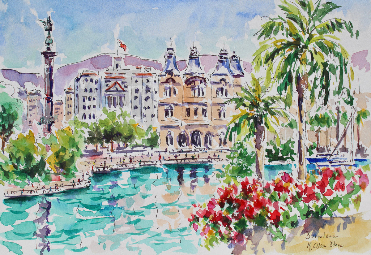 Watercolor painting of a scenic waterfront  in Barcelona with ornate buildings, palm trees, a column monument, boats, and red flowers in the foreground.