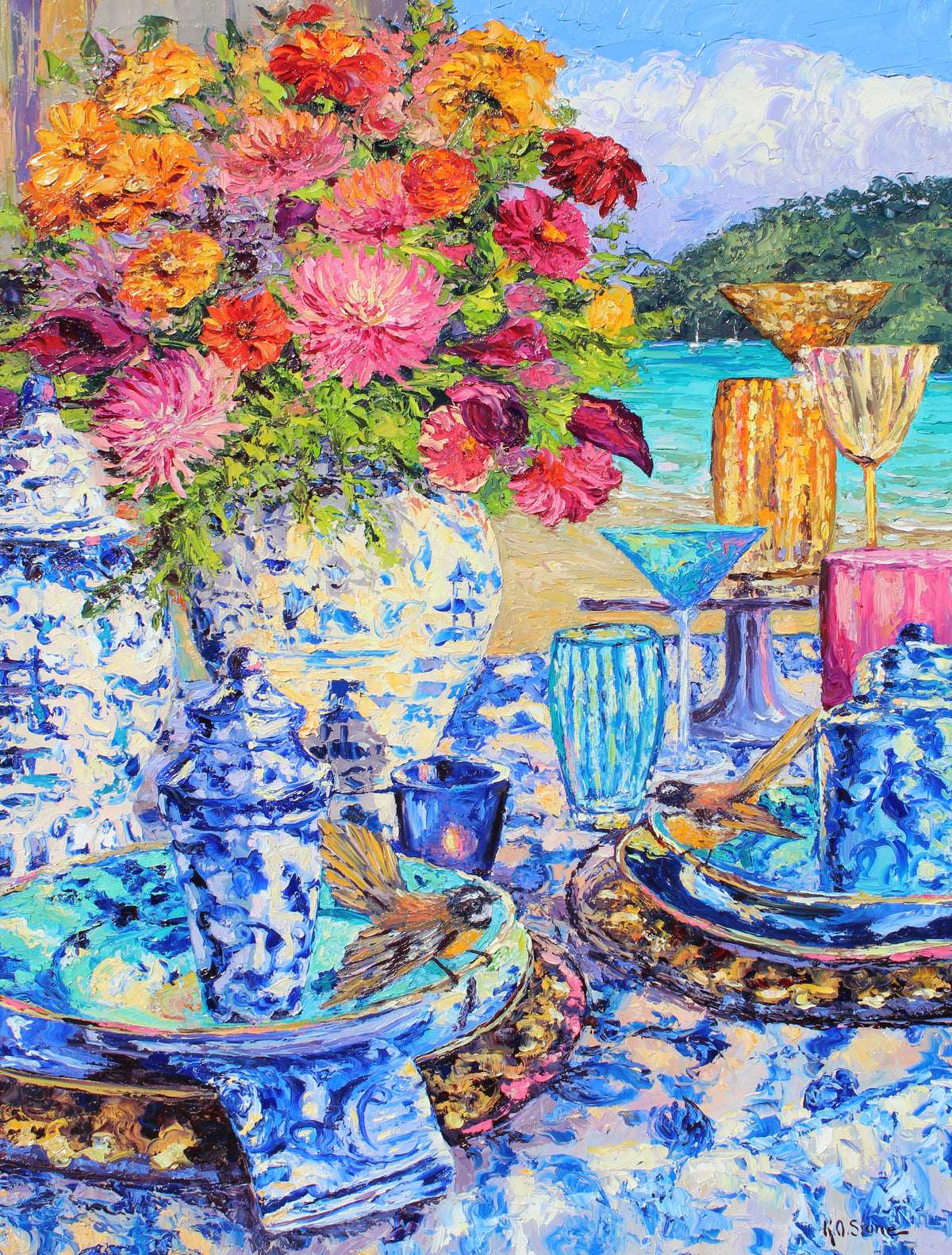 A vibrant painting featuring a still life composition with chinoiserie and glassware, a bouquet of flowers, and two fantail birds in front of a seascape background.