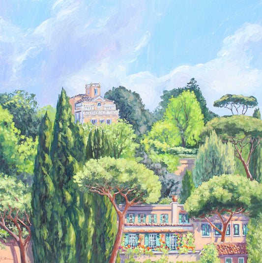 An original textured oil painting of villas surrounding Borghese Gardens in the heart of Rome.