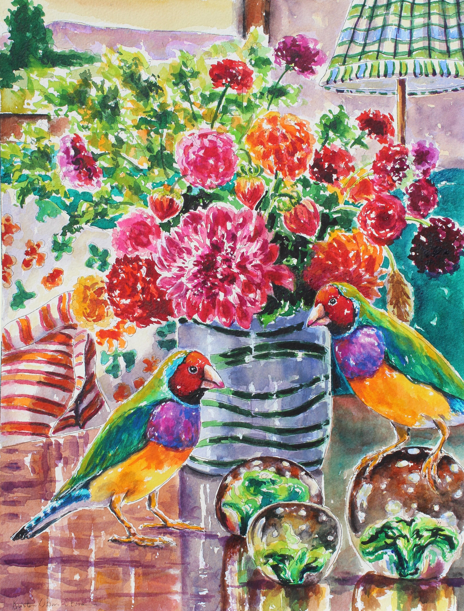 Colorful flowers in a vase with two birds on a table, set against a colorful background.  Wall decor for art collectors.