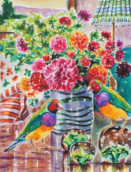 Colorful flowers in a vase with two birds on a table, set against a colorful background.  Wall decor for art collectors.
