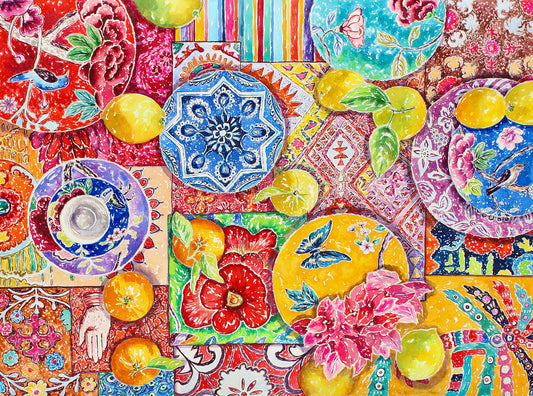 A colorful giclee print of a watercolor painting featuring a variety of china pieces with fruits and decorative patterns reminiscent of the South Pacific, laid out on a table.  Wall decor for art collectors.