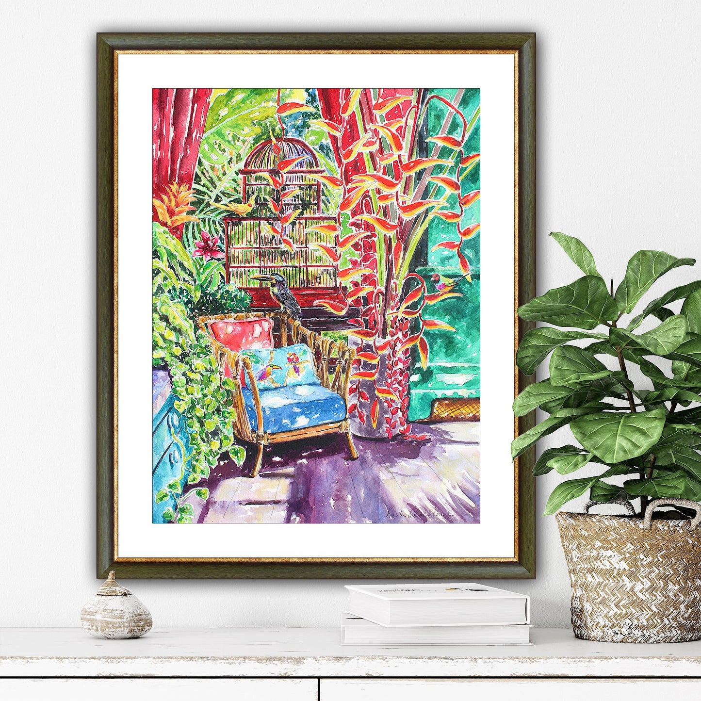 An Original Watercolor tropical home and birds painting, "Feathering The Nest"