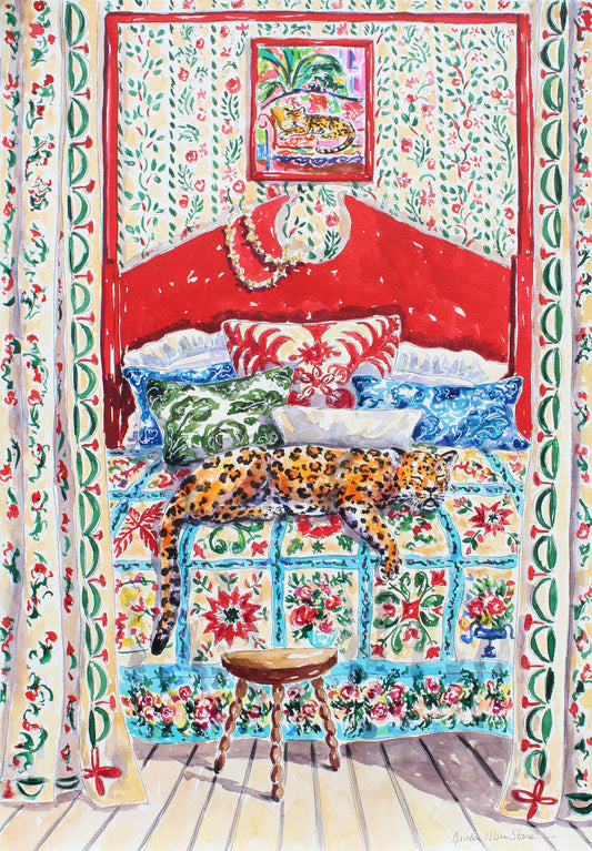 Decorative illustration of a bedroom with a red bed, colorful bedding, and a jaguar.  A Matisse painting of a Jaguar is hanging on the wall above the bed. Art decor for collectors.