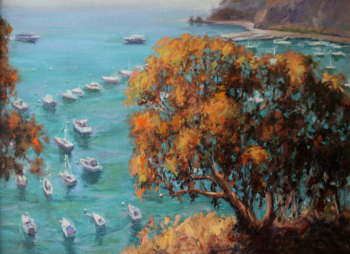 A painting of the main harbor of Catalina Island, featuring a eucalyptus tree with fall colors and a teal blue ocean, with boats sailing in the foreground.  This is a plein air painting painted on location from a hill overlooking the harbor.