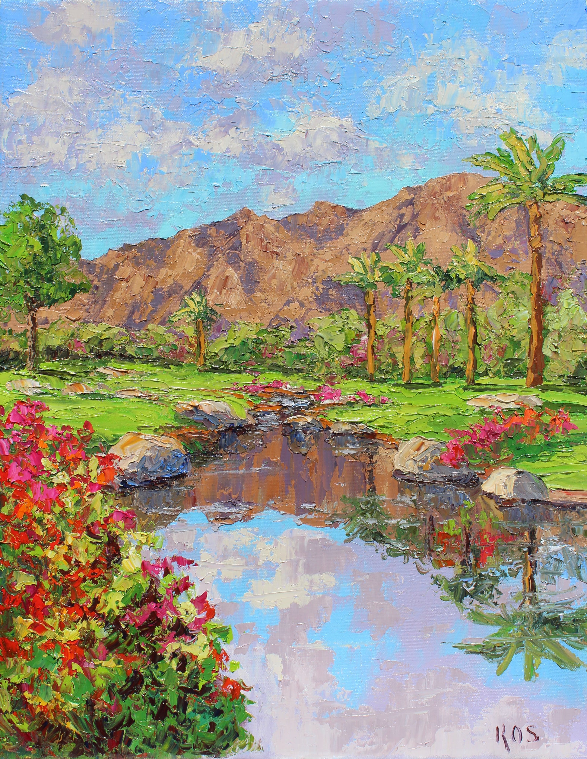 An impressionistic landscape painting of a scenic valley with a small stream, palm trees, a rocky mountain in the background, and vibrant pink and red flowers in the foreground under a blue sky with white clouds.