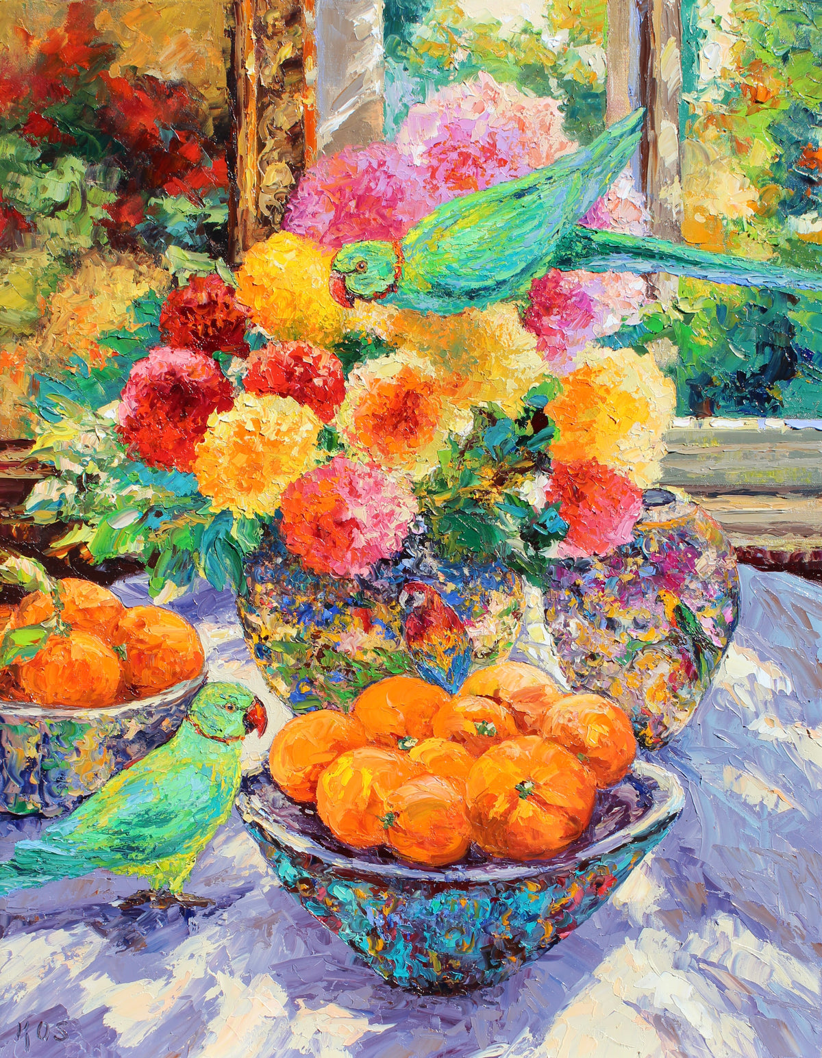 Colorful still life painting with flowers, oranges, and ring necked parrakeets.