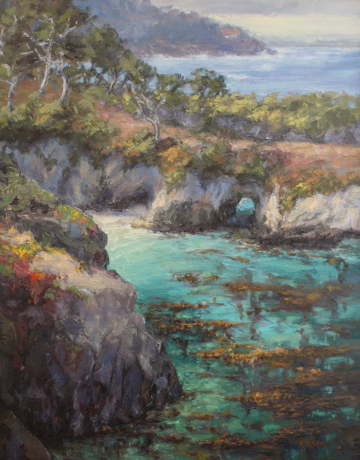 An original oil painting of China Cove at Point Lobos, featuring a seascape with rocks, kelp, and a seal in the foreground.