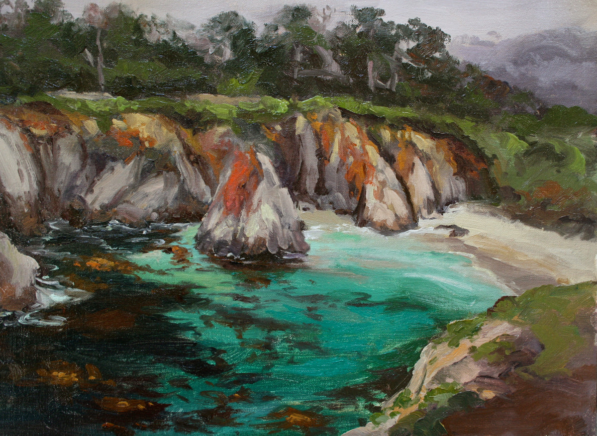 A plein air oil painting of China Cove in Point Lobos, featuring a vivid seascape with cliffs, rocks, and a beach.