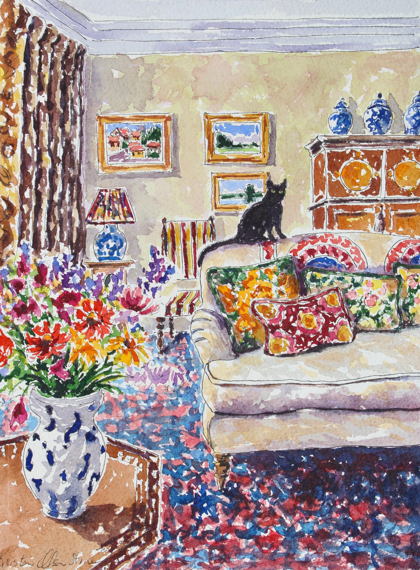 An original watercolor painting featuring an elegant black cat in a beautifully decorated room with colorful floral patterns and a couch in the background.  Wall decor for art collectors.