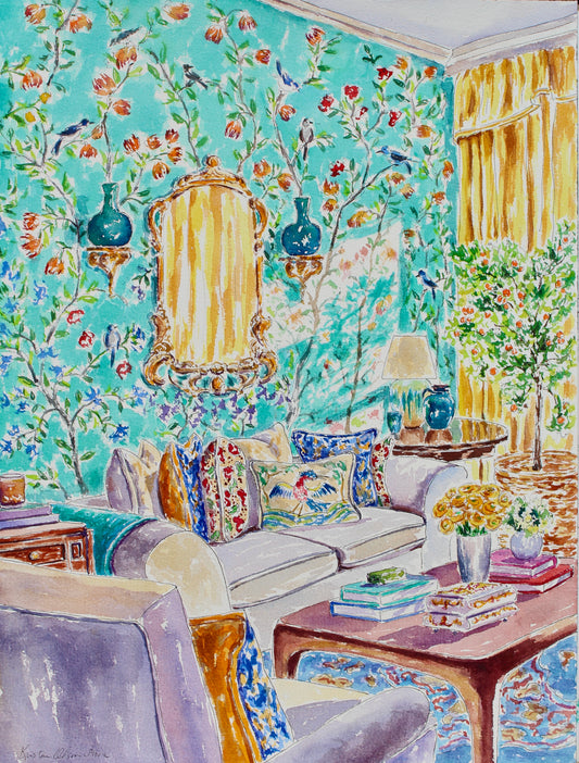An original watercolor painting featuring a beautifully decorated room with floral wallpaper, a mirror, a lamp, and a cozy seating arrangement. Wall decor for art collectors.
