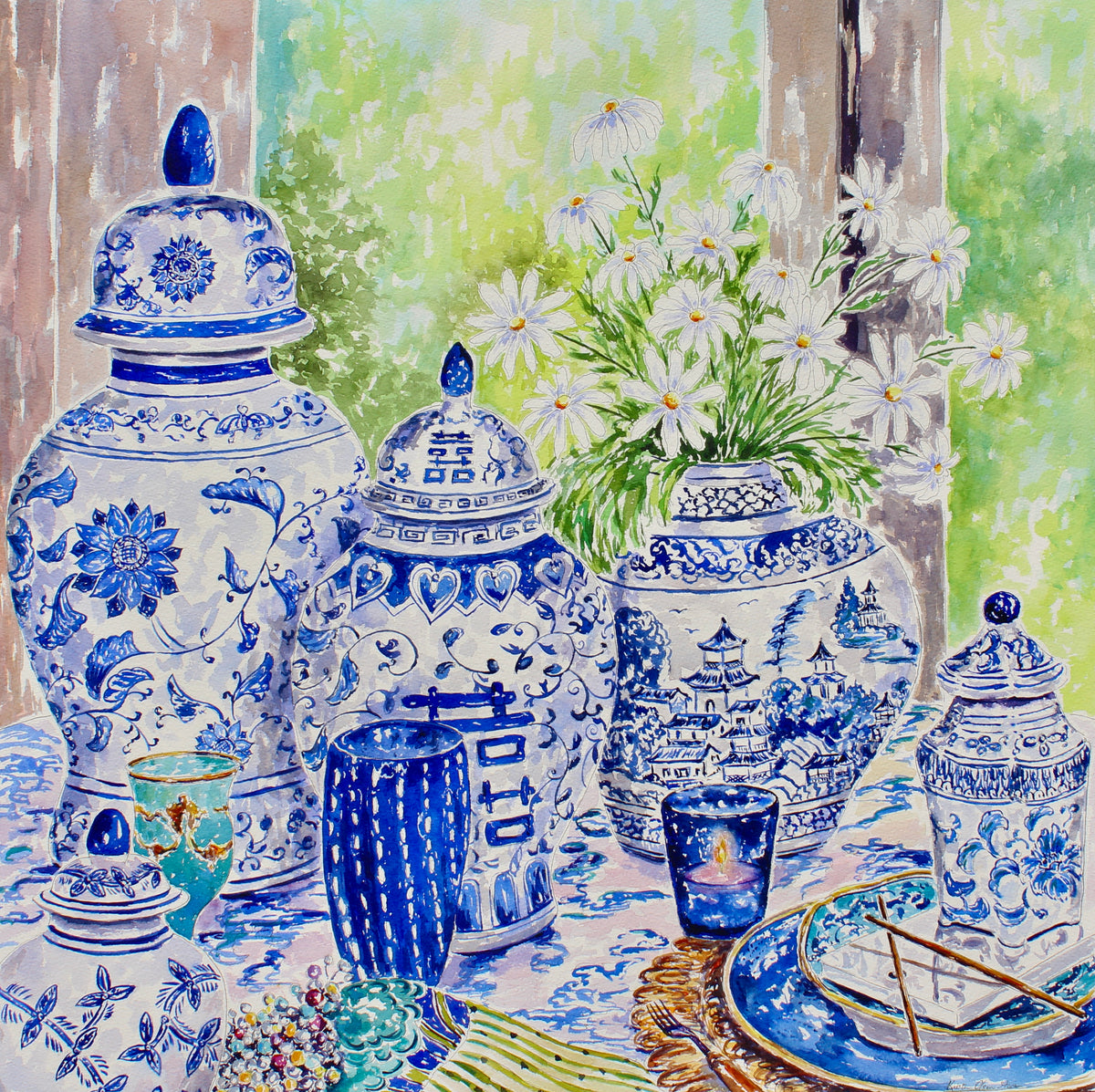 An original watercolor painting of blue and white chinoiserie vases with white daisies.