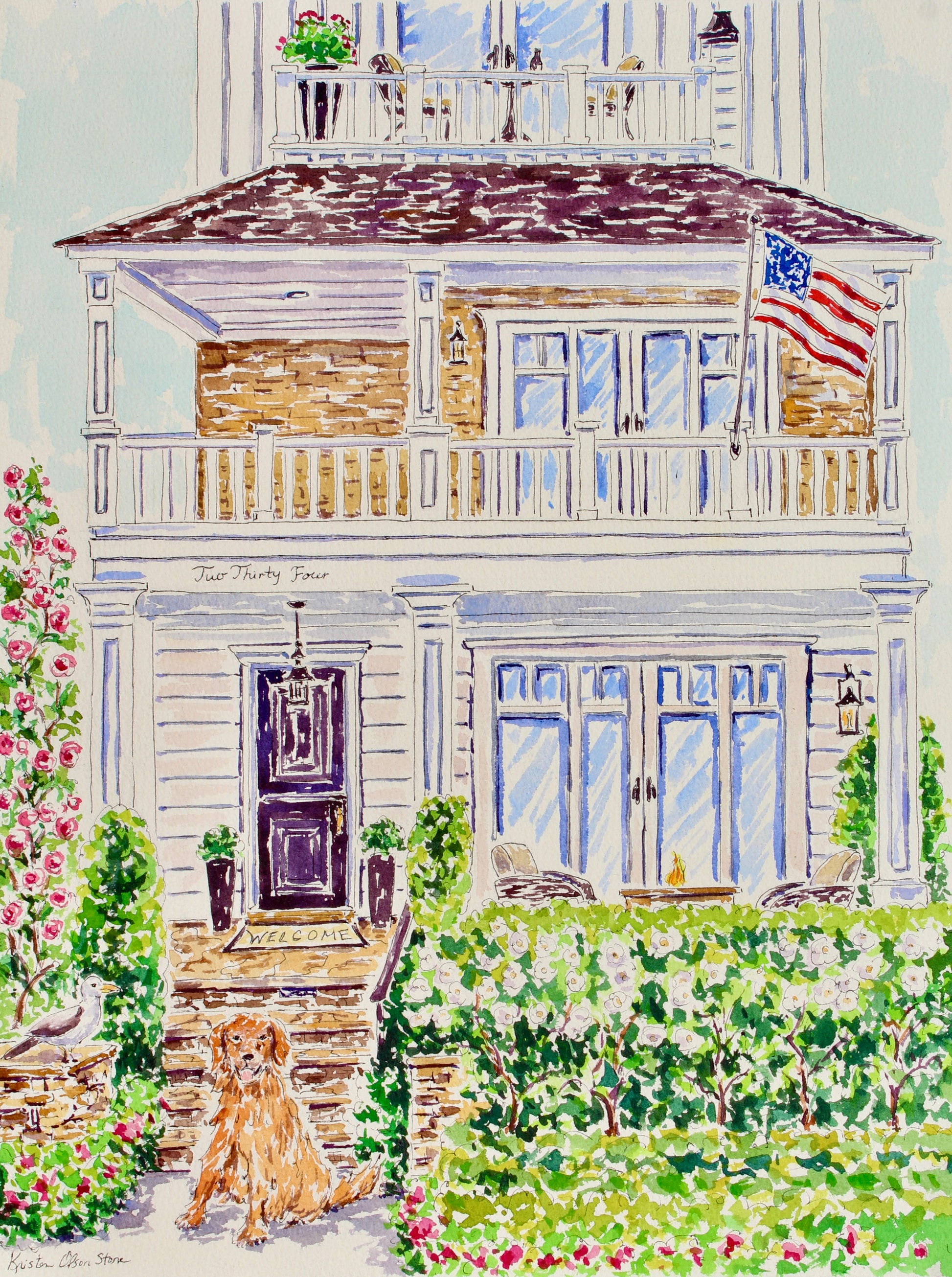 A commissioned watercolor painting of a family home on Balboa Island with a family dog, featuring a white house with a porch, a dog sitting on the steps, and a American flag.  Wall decor for art collectors.