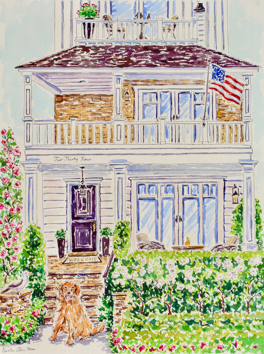 A commissioned watercolor painting of a family home on Balboa Island with a family dog, featuring a white house with a porch, a dog sitting on the steps, and a American flag.  Wall decor for art collectors.